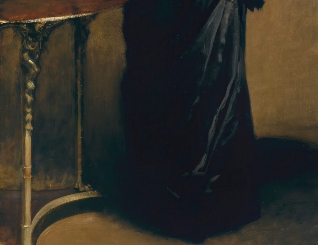Table, gown and sweeping train in Portrait of Madame X
